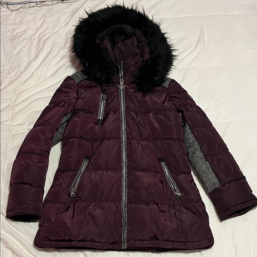 Point Zero Dark Purple Puffer Jacket with Faux Fur Hood